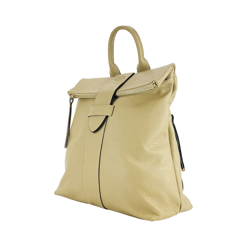RB1021AL | Women's Soft Backpack in Genuine Leather Made in Italy with Adjustable Shoulder Straps. Shiny Gold Metal Zipper and Accessories - Beige Color - Dimensions: 30 x 34 x 10.5 cm.