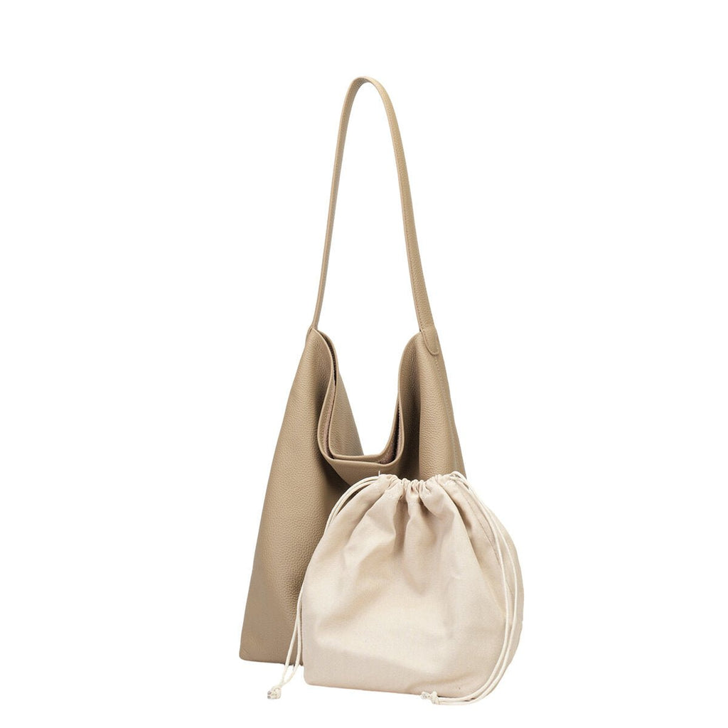 Genuine Cowhide Slouchy Tote Bag 2-in-1 Set – Large Capacity Underarm Shoulder Bag with Drawstring Pouch
