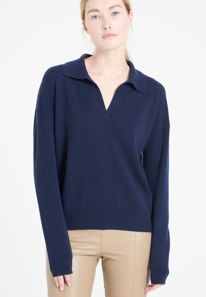 Polo manches longues femme en cachemire bleu marine - MIA 3