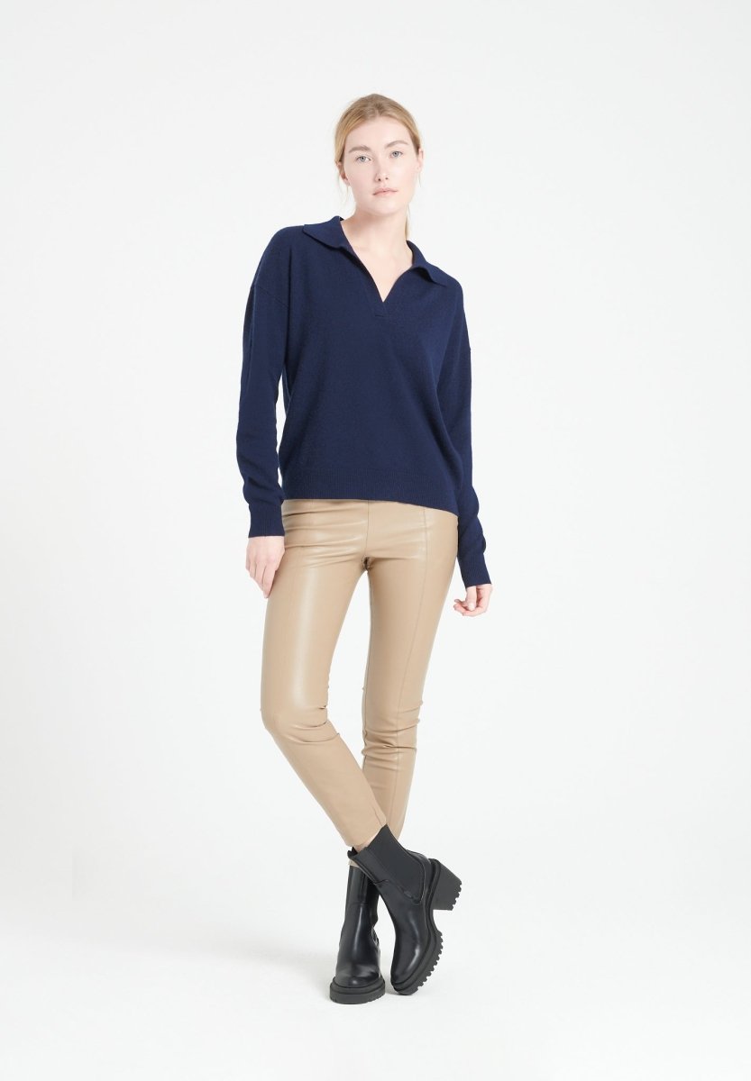 Polo manches longues femme en cachemire bleu marine - MIA 3