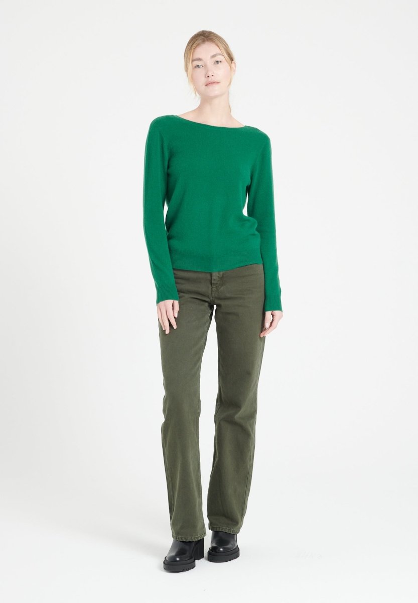 Pull décolleté V dans le dos femme en cachemire vert émeraude - MIA 7