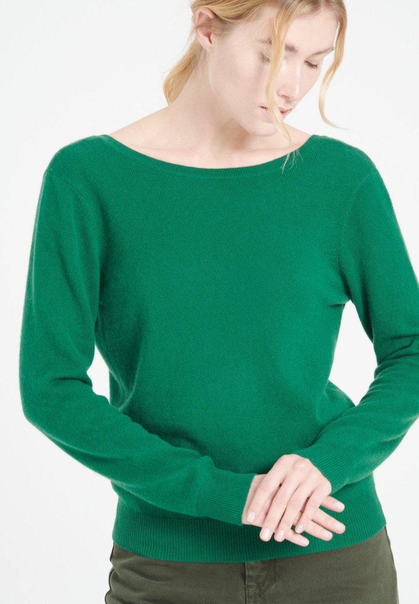 Pull décolleté V dans le dos femme en cachemire vert émeraude - MIA 7