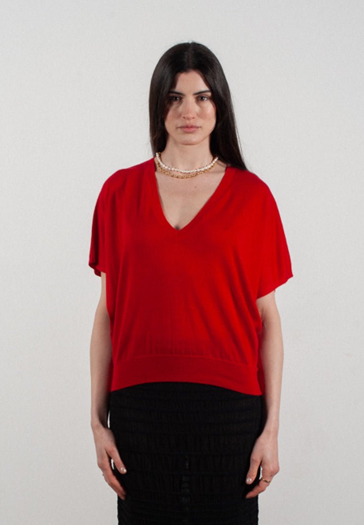 Pull col V à manches chauve souris femme en cachemire & laine ultrafin rouge - KELLY 6