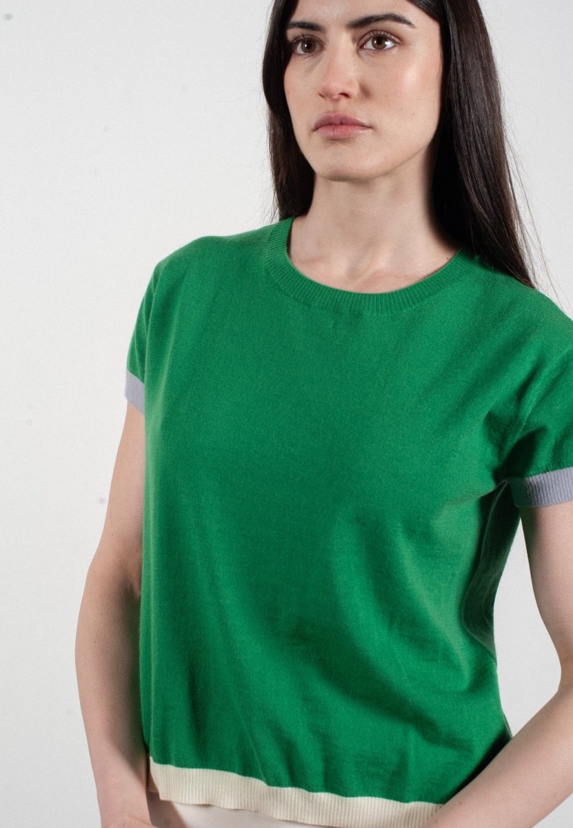 T-shirt col rond manches courtes femme en cachemire & laine ultrafin vert & lavande & blanc - KELLY 8