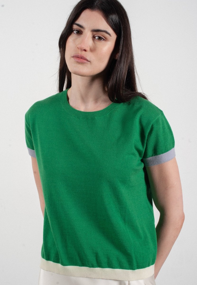 T-shirt col rond manches courtes femme en cachemire & laine ultrafin vert & lavande & blanc - KELLY 8