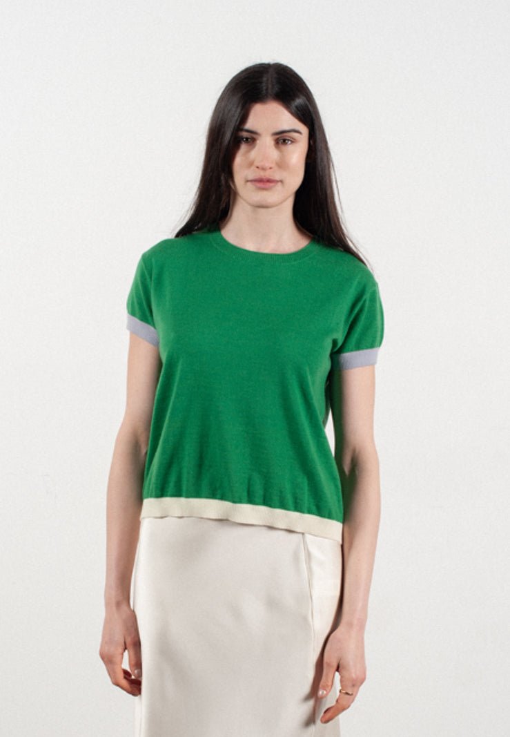 T-shirt col rond manches courtes femme en cachemire & laine ultrafin vert & lavande & blanc - KELLY 8