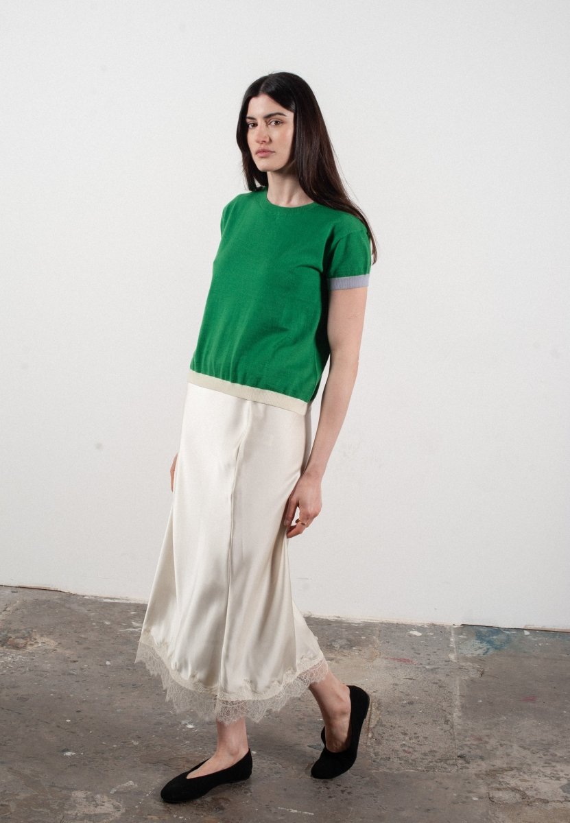 T-shirt col rond manches courtes femme en cachemire & laine ultrafin vert & lavande & blanc - KELLY 8